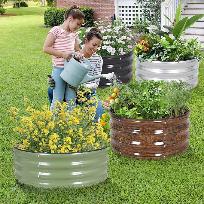 Galvanized Raised Garden Bed- 2Pcs Metal Planter Boxes Outdoor | 12" Tall 24" Round Steel Raised Bed Kit & Fire Pit Ring for Gardening with Protective Tape for Vegetables, Flower (Grey)