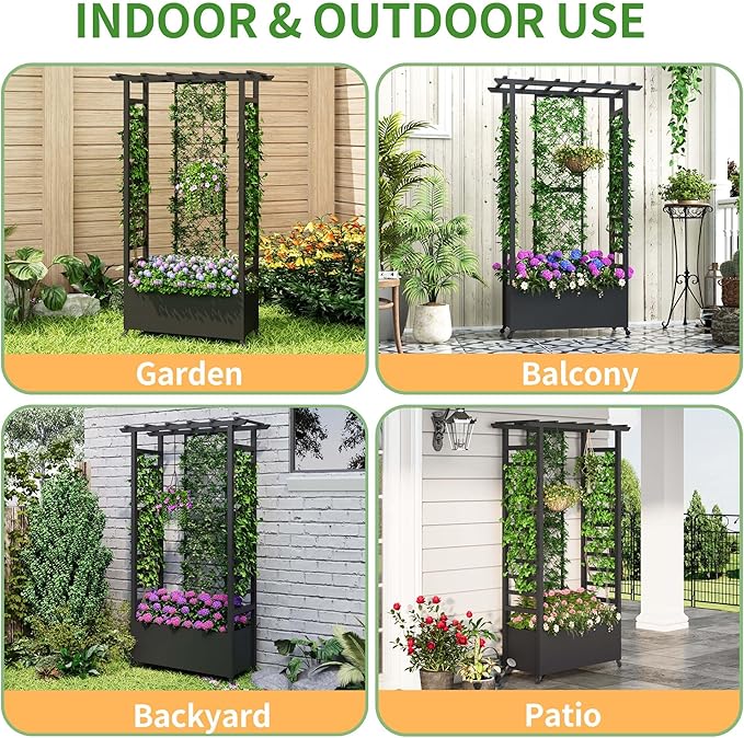 Raised Garden Bed with Trellis & Hanging Roof, Weatherproof Metal Planter Box with Wheels, Garden Arch Trellis for Outdoor Climbing Plants Vines Flowers, 74" H x 44" L x 17" W, Black