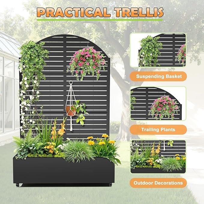 Metal Raised Garden Bed with Trellis, 2-in-1 Planter Box & Privacy Screen for Climbing Plants, Outdoor Standing Flower Bed with Drainage Holes, 47.2" L x 16.7" W x 70.8" H, Black-Louvered