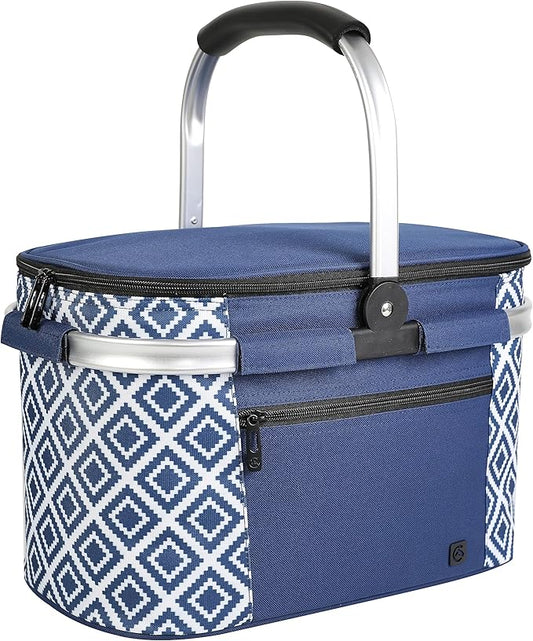 ALLCAMP Picnic Basket - Insulated Cooler, Thickening Foldable Picnic Basket with Removable Baskets & Sewn-in Frame, Basket for House Warming Gifts New Home(Rectangle Blue White)