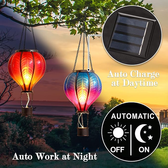 TERESA'S COLLECTIONS 2 Pcs Hot Air Balloon Solar Lantern Outdoor Garden Decor, Waterproof Hanging Solar Lantern with Flickering Flame Light for Yard Tree,Gift for Mom Lovers,18"