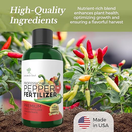LEAVES AND SOUL Professional Liquid Pepper Fertilizer | 5-1-5 Concentrate, Liquid Plant Fertilizer for Garden, Healthy Produce, Good Harvest, Multi-Purpose Blend & Gardening Supplies | 8 oz