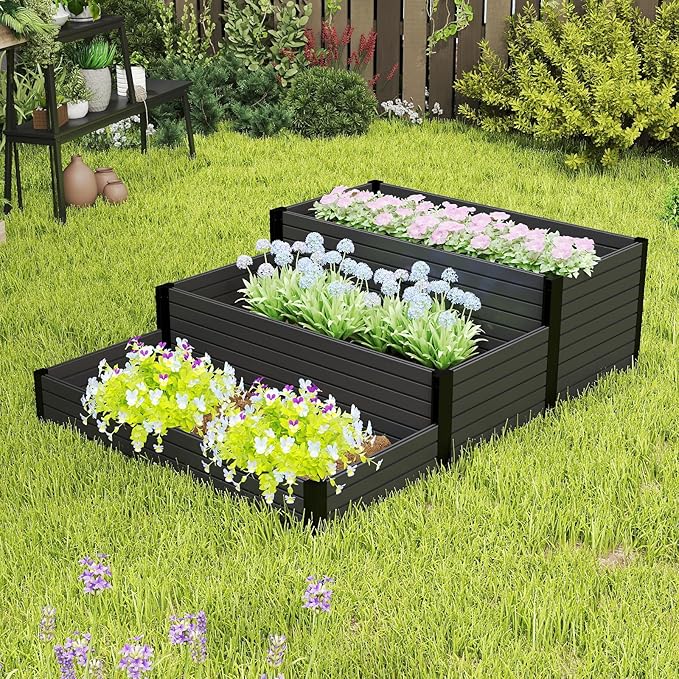Elevated Wooden Raised Garden Planter - 3-Tier Outdoor Flower & Vegetable Box for Patio, Backyard, or Garden - Durable, Weather-Resistant Design - 47.2" x 21.7" x 18.1" (Black)