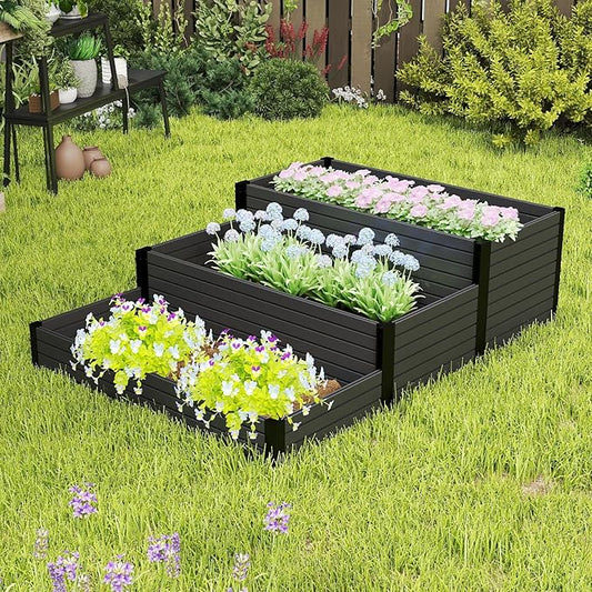 Elevated Wooden Raised Garden Planter - 3-Tier Outdoor Flower & Vegetable Box for Patio, Backyard, or Garden - Durable, Weather-Resistant Design - 47.2" x 21.7" x 18.1" (Black)