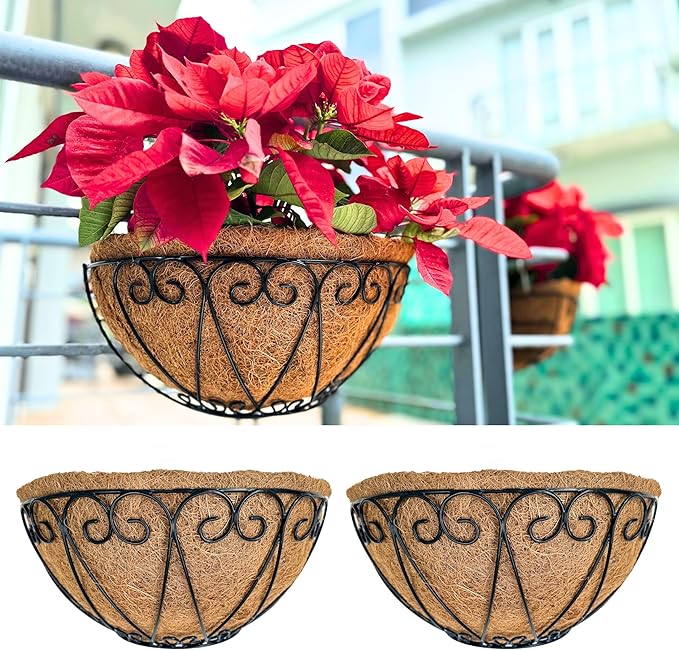 LaLaGreen Outdoor Wall Planters (2 Pack, 12 Inch) Black Metal Wall Mounted Hanging Basket with Coco Liner, Flower Pot Plant Holder Semi-Circle Planter for Fence Railing Deck Porch Balcony Garden Decor