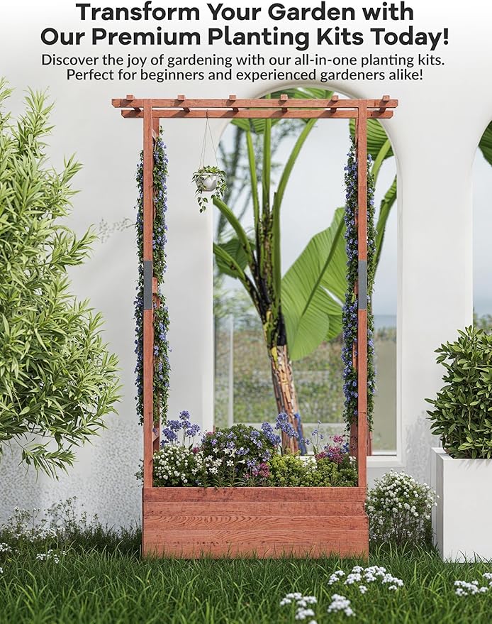 Raised Garden Bed with Trellis, Wood Planter Box with Hanging Roof & Drainage, Elevated Garden Bed for Climbing Plants, Vegetables, Flowers
