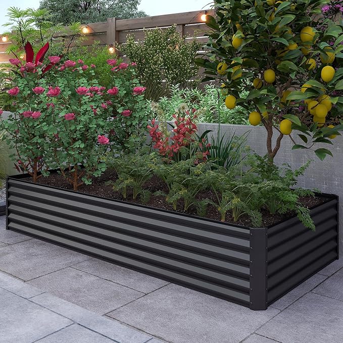 Domi 8×4×1.5 ft Galvanized Raised Garden Bed, Outdoor Planter Garden Boxes Large Metal Planter Box for Gardening Vegetables Fruits Flowers, Grey