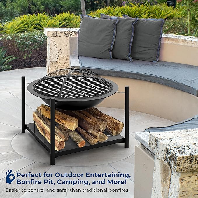 SereneLife Portable Outdoor Fire Pit - 2-in-1 Steel BBQ Grill and 26" Wood Burning Fire Pit Bowl with Mesh Spark Screen, Log Grate, Fire Poker, and Cover for Camping, Picnic, Bonfires