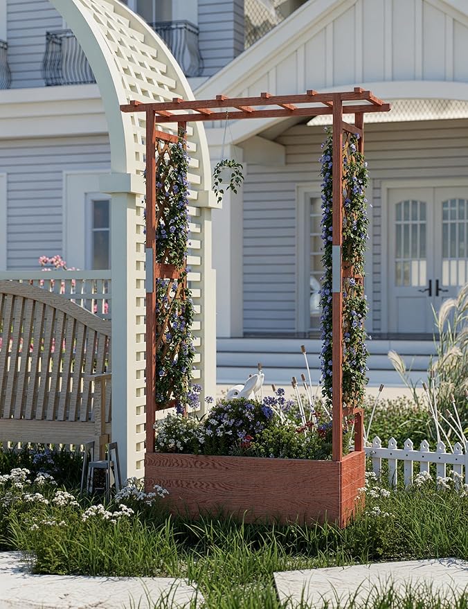 Raised Garden Bed with Trellis, Wood Planter Box with Hanging Roof & Drainage, Elevated Garden Bed for Climbing Plants, Vegetables, Flowers