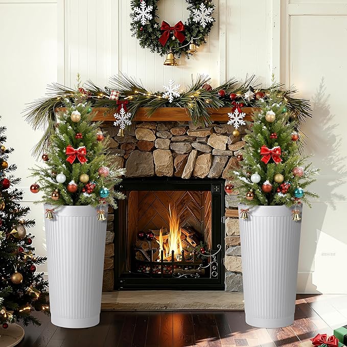 24in Tall Self-Watering Planters Set of 2 - White Flower Pots with Water Level Monitor, Non-Toxic Plastic Planters for Indoor Outdoor Patio, Porch, Living Room, Home Office