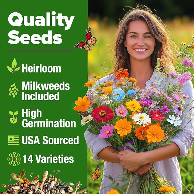 HOME GROWN Premium Monarch Butterfly Wildflower Seeds Mix (2oz) - 20000+ Non-GMO Milkweed Seeds for Monarch Butterflies - Perennial Wildflowers - Bulk Flower Seeds for Pollinator Gardens