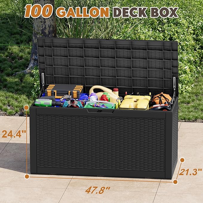 NBYSGO Outdoor Storage Box, Resin Deck Boxes Indoor and outdoor, Waterproof Storage Box Lockable Lid (Black,100 Gallon)