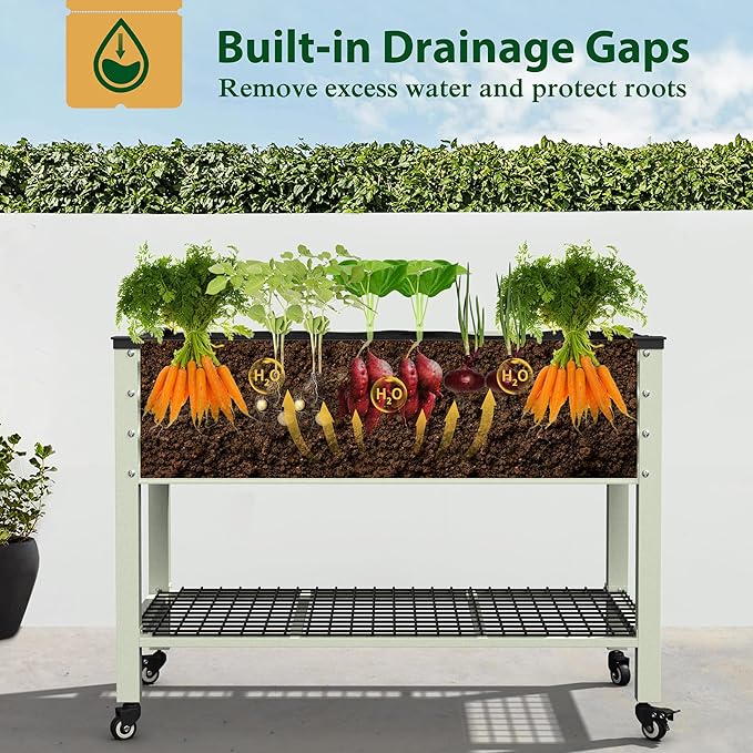 MUPATER 48" L x 24" W x 34" H Galvanized Steel Raised Garden Bed, 507lbs Capacity Large Metal Elevated Raised Planter Box with Rolling Casters & Extra Bottom Shelf for Patio, Balcony, Beige