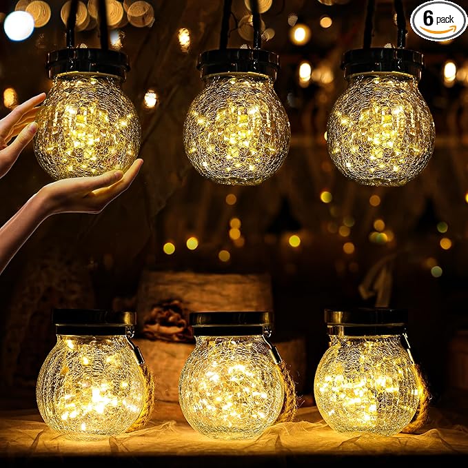 Cooo Christmas Gifts 6 Pack Solar Lanterns Waterproof Outdoor Heavy Crackle Glass 30 LED Warm Firefly Lights Stainless Steel Lid 215% Solar for Women Mom Grandma Outdoor Table Lamps Garden Yard Decor