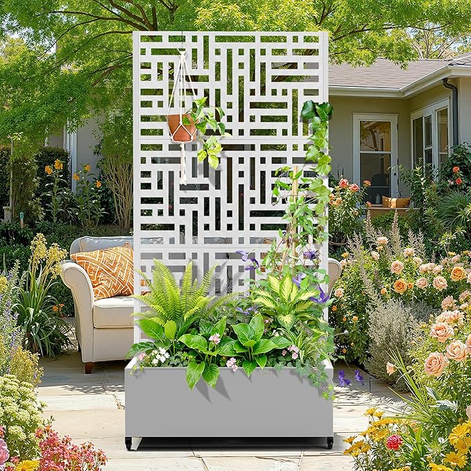 Metal Raised Garden Bed with Trellis, 2-in-1 Planter Box & Privacy Screen for Climbing Plants, Outdoor Standing Flower Bed with Drainage Holes, 35.4" L x 15.7" W x 70.1" H, White-Helen