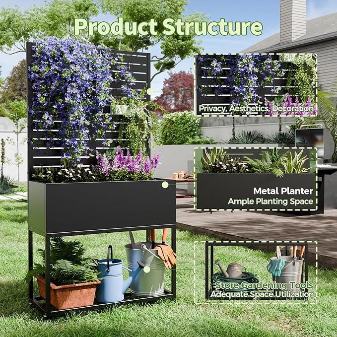 Metal Planter Box with Trellis,67" H x35 W Raised Garden Beds with Privacy Screen for Climbing Plants Flower, Elevated Standing Planter Garden Bed with Drainage Holes for Outdoor Patio,Black