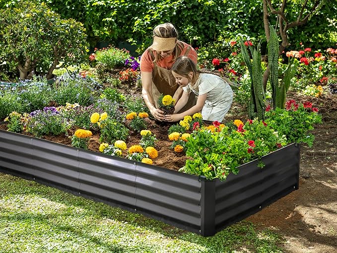 Plant & Plot Galvanized Raised Garden Beds Outdoor // 8×4×1 ft (2-Pack) Planter Raised Beds for Gardening, Vegetables, Flowers // Large Metal Garden Box // Patented Tool-Free Design (Dark Gray)
