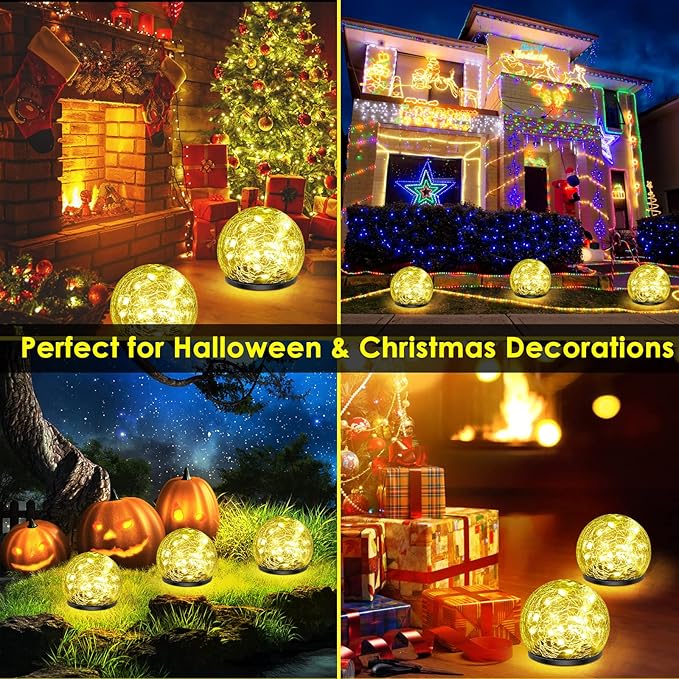 Solar Garden Lights, 4 Pack 120 LED Multicolor Cracked Glass Solar Outdoor Lights Decorative, Upgraded Waterproof Ball Lights for Yard Pathway Patio Lawn Christmas Outside Decor, 3.94"