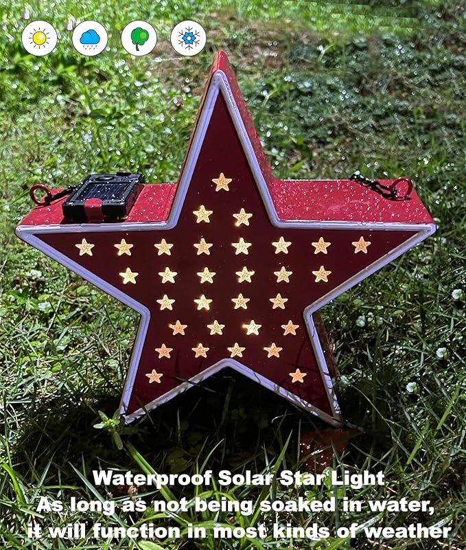 Star Solar Light Patriotic Decor for Outdoor-Garden,Patio,Tree,July 4th Country Star Indoor/Outdoor Memorial Day Decoration,Red