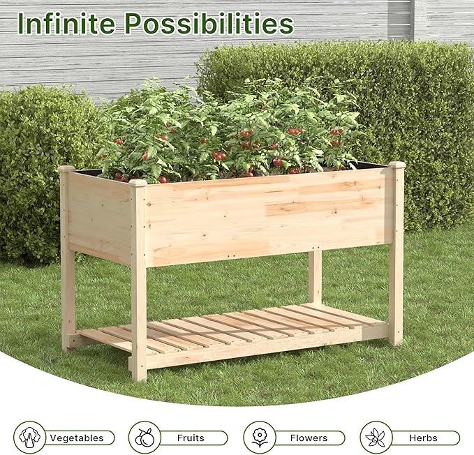Raised Garden Bed with Legs, 47.2x23.6x30in Wooden Raised Garden Box with Bed Liners, Storage Shelf for Outdoor Garden, Patio, Elevated Wood Planter for Vegetables, Fruits, Flowers