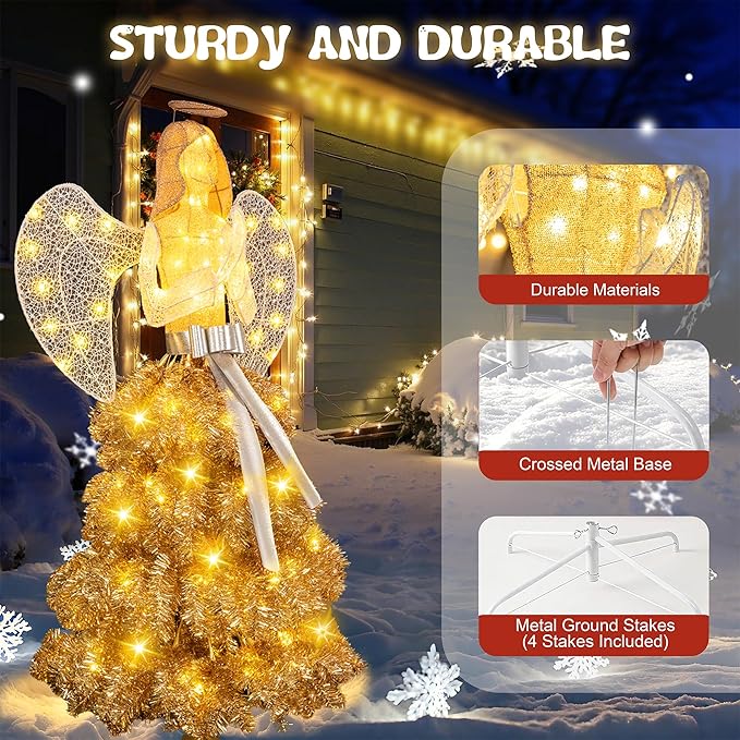 Shintenchi 5FT Lighted Christmas Angel, Outdoor Xmas Decoration with 150 LED Lights, Pre-lit 3D Glittered Angel for Lawn Yard Garden with Ground Stakes and Zip Ties, Warm Golden Color