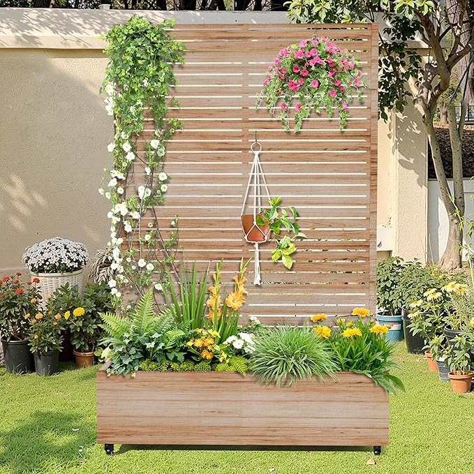 Metal Raised Garden Bed with Trellis, 2-in-1 Planter Box & Privacy Screen for Climbing Plants, Outdoor Standing Flower Bed with Drainage Holes, 47.2" L x 16.7" W x 70.8" H, Acacia Wood Grain