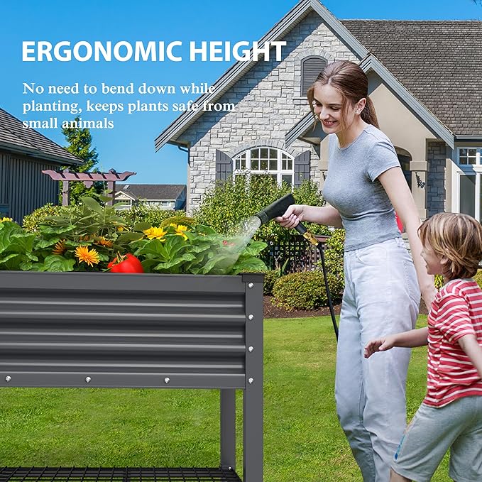 BlueWish 48" W x 24" D x 34" H Outdoor Galvanized Garden Bed, Elevate Raised Bed with Detachable Black Liner, Rolling Casters, Storage Shelf, Planter Boxes for Gardening, Vegetable, Flower, Grey