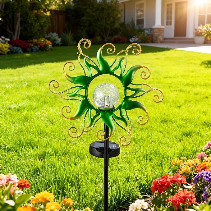 Solar Garden Lights Outdoor, Green Metal Sun Stake with 30 LED Waterproof Vine String Crackle Glass Spring Decor for Patio,Yardr,Lawn Gardening Birthday Gifts