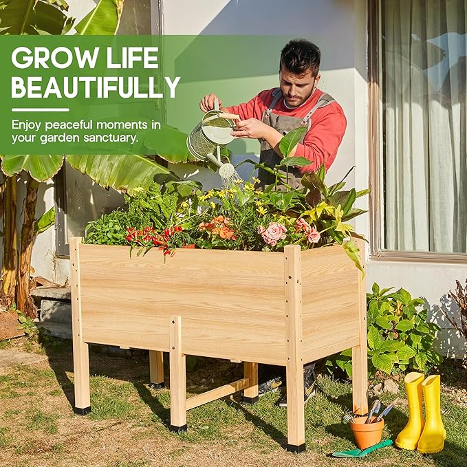 Amerlife 4x2 Ft Raised Garden Bed - Features Legs, Drainage Holes, 16 Inch Depth Ideal for Vegetables, Flowers, Herbs, Elevated Wood Planter Box for Balcony, Patio, and Backyard, Easy Assembly