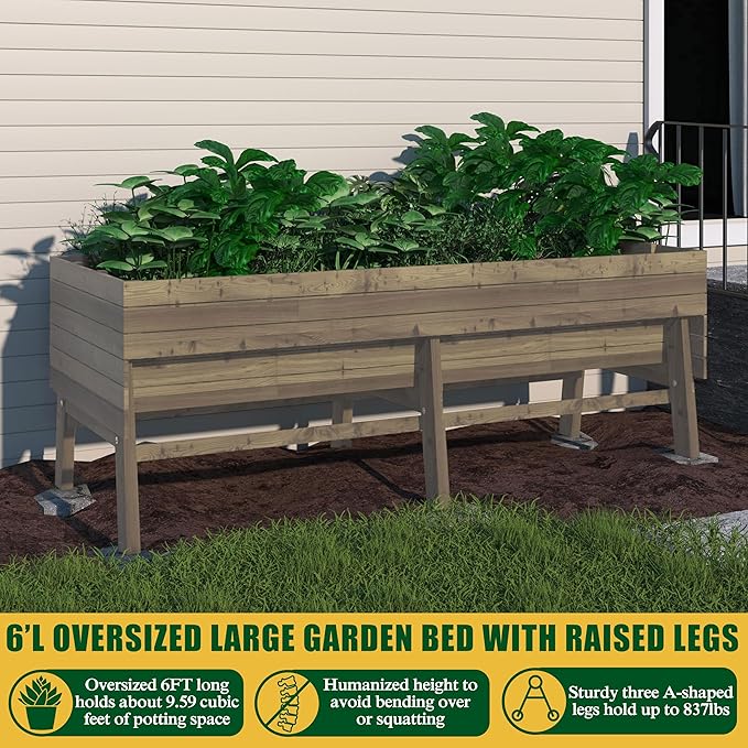 VEIKOU Raised Garden Bed 6 x 3 x 2FT, Raised Garden Beds Outdoor with 6 Legs, Detachable Liner, Garden Bed for Backyard, Patio, Balcony, 837lbs Capacity, Light Mocha Brown