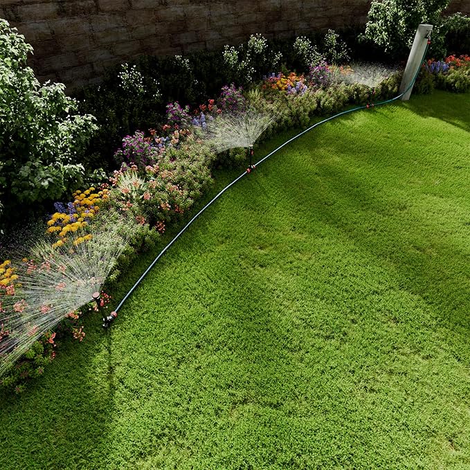 RESTMO Above Ground Sprinkler System with Metal Spike Base, Flexible DIY Irrigation Kit, Multi-Adjustable Lawn Sprinkler & 30ft Hose Set, for Garden Plant, Flower Bed and Large Yard Area Watering