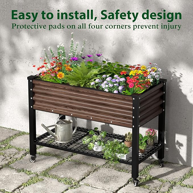 MUPATER 48" L x 24" W x 34" H Galvanized Steel Raised Garden Bed, 507lbs Capacity Large Metal Elevated Raised Planter Box with Rolling Casters & Extra Bottom Shelf for Patio, Balcony, Rustic