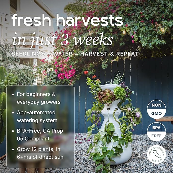 Farmstand Starter Kit + 12 Seedling Credits | Tiny Hydroponic Growing System Kit | Self-Watering Outdoor Vertical Garden Planter Tower | 3ft 8in | Made in USA