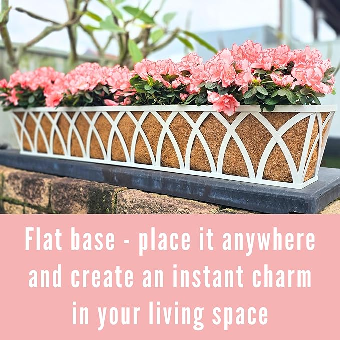 LaLaGreen Wall Planter Outdoor (36 Inch, 2 Pack) White Metal Rectangular Hanging Flower Boxes with Coco Liner Window Basket Plant Holder Deck Rail Railing Patio Horse Trough Balcony Fence Porch Garden