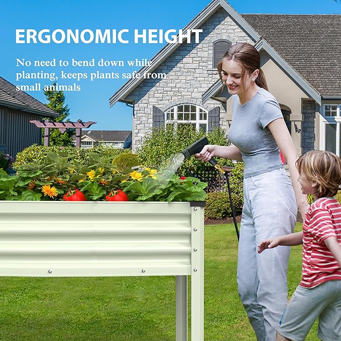 MUPATER 48" L x 24" W x 32" H Galvanized Steel Raised Garden Bed, 507lbs Capacity Large Metal Elevated Raised Planter Box with Legs & Detachable Black Liner for Patio, Balcony, Beige