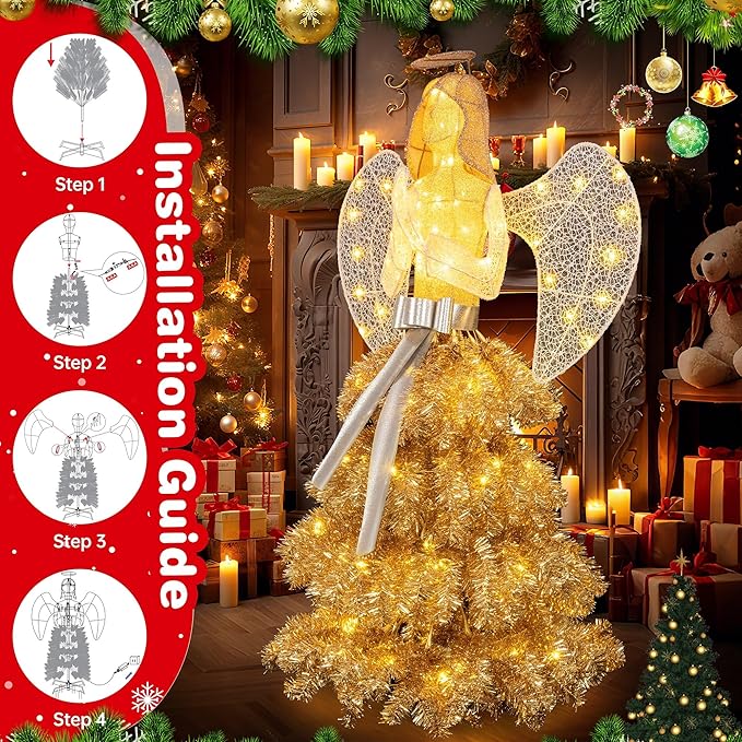 Vongrasig 5 FT Christmas Angel Outdoor Lighted Holiday Displays, Pre-lit 3D Outdoor/Indoor Glittered Angel with 100 Warm Lights, Bow, Zip Ties, Stakes for Birthday Party Decoration