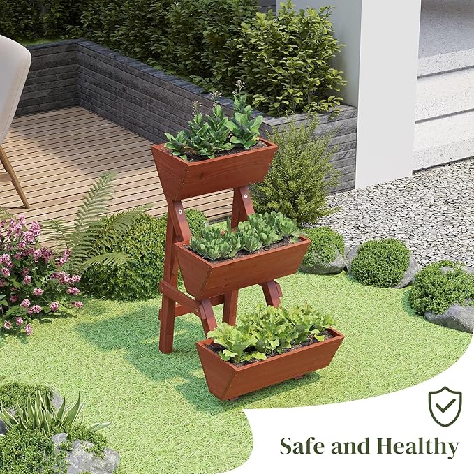 3-Tier Wooden Vertical Raised Garden Bed with Legs, Tiered Planter Box, Garden Planter, Garden Box, Wood Plant Stand Wood Flower Rack for Patio, Balcony, Freestanding. (Brick Red-Small)