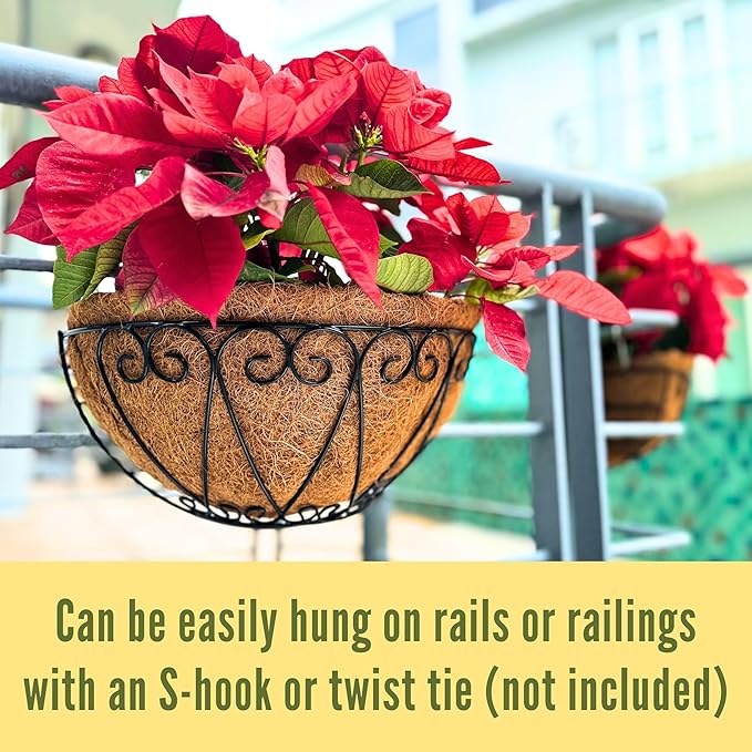 LaLaGreen Outdoor Wall Planters (4 Pack, 12 Inch) Black Metal Wall Mounted Hanging Basket with Coco Liner, Flower Pot Plant Holder Semi-Circle Planter for Fence Railing Deck Porch Balcony Garden Decor