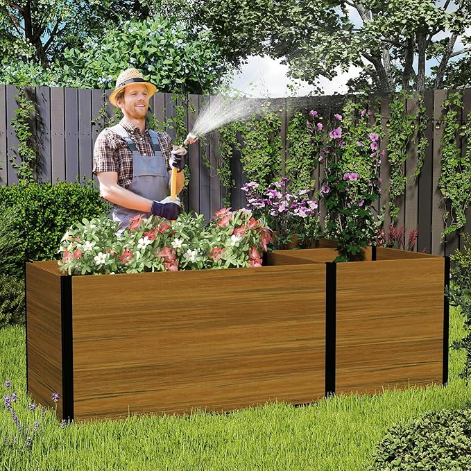 Modular Raised Garden Bed - Expandable Design with Composite Panels & Aluminum Frame - Perfect for Flowers, Vegetables, Herbs - Outdoor Planter Cuboid Box for Patio, Balcony, Backyard (Brown)