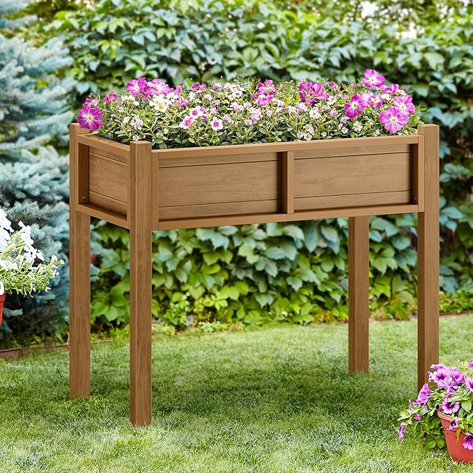 DWVO Raised Garden Bed with Legs Weatherproof Elevated Planter Box Outdoor with Drainage System Patio Planters for Herbs Vegetables Flowers Plant Bed for Garden Balcony Backyard,Teak