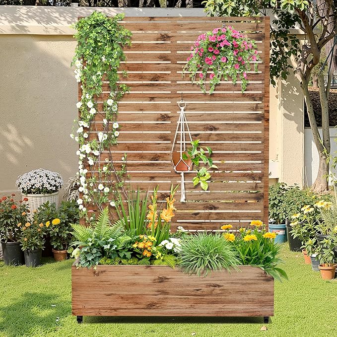 Metal Raised Garden Bed with Trellis, 2-in-1 Planter Box & Privacy Screen for Climbing Plants, Outdoor Standing Flower Bed with Drainage Holes, 47.2" L x 16.7" W x 70.8" H, Natural Wood Grain
