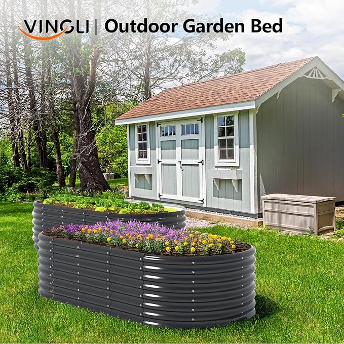 VINGLI 8x4x2ft Galvanized Raised Garden Beds, Oval Planter Boxes Outdoor, Raised Garden Bed for Gardening, Easy Assembly Planter Boxes for Vegetables (Black)