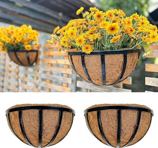 LalaGreen Wall Planters (2 Pack, 14 Inch) Black Metal Deck Railing Planter Boxes with Coco Liners, Window Basket Hanging Flower Pot for Outdoor Plants, Modern Horse Trough Fence, Balcony, Patio Porch