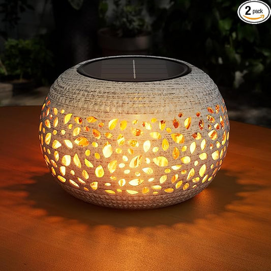 Solar Lanterns Outdoor Waterproof Table Lights: Upgraded Flickering Flame Solar Lights, White Metal Decorative Lantern Gifts for Women Mom, Garden Yard Balcony Indoor Tabletop Decor(2 Modes)