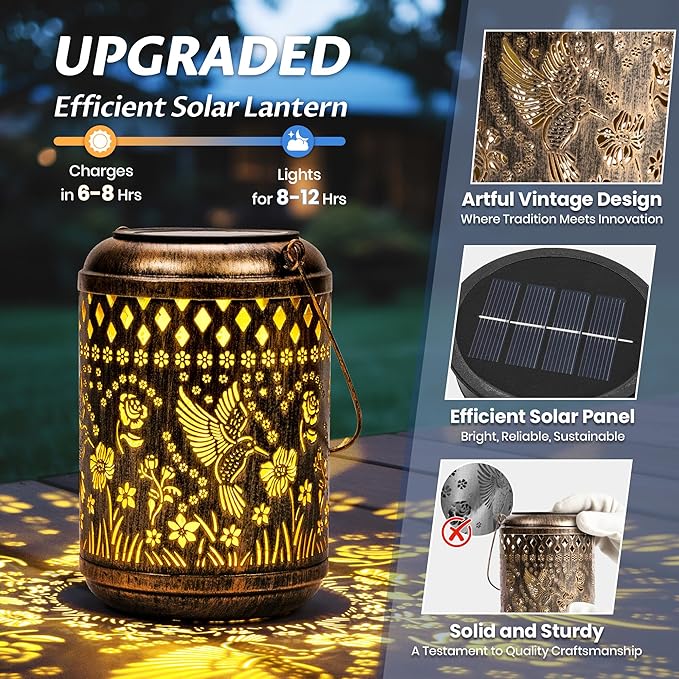 Hummingbird Gifts Outdoor Solar Lanterns, 1 Pack Garden Decor for Outside, Hanging Solar Lanterns Decorative Gifts for Gardeners, Mom, Grandma Birthday Vintage Table Metal Lights for Yard, Balcony