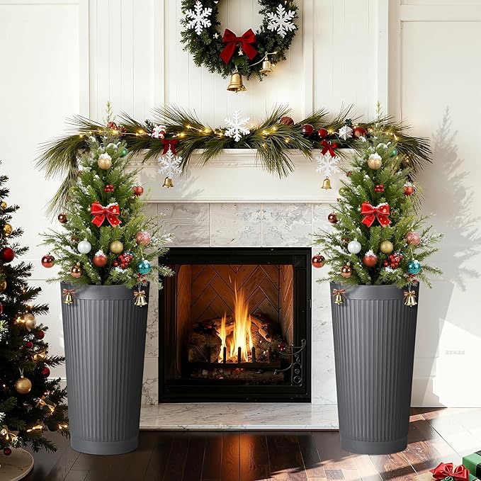 24in Tall Self-Watering Planters Set of 2 - Grey Flower Pots with Water Level Monitor, Non-Toxic Plastic Planters for Indoor Outdoor Patio, Porch, Living Room, Home Office