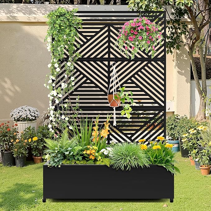 Metal Raised Garden Bed with Trellis, 2-in-1 Planter Box & Privacy Screen for Climbing Plants, Outdoor Standing Flower Bed with Drainage Holes, 47.2" L x 16.7" W x 70.8" H, Black-Zodiac