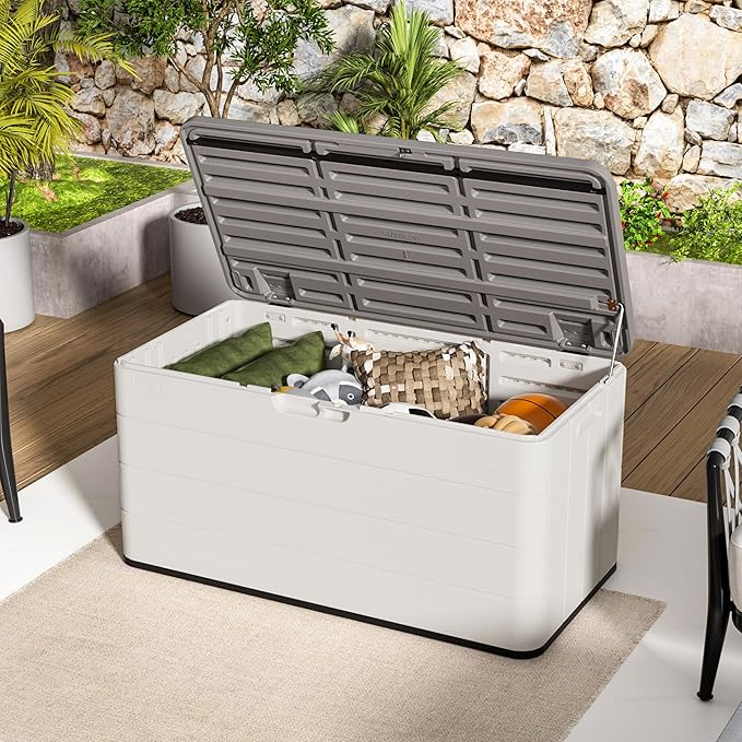 100GAL-White，European Style Small Cabinet - White Waterproof Resin Storage Bin for Patio Cushions，Accessories，UV Resistan