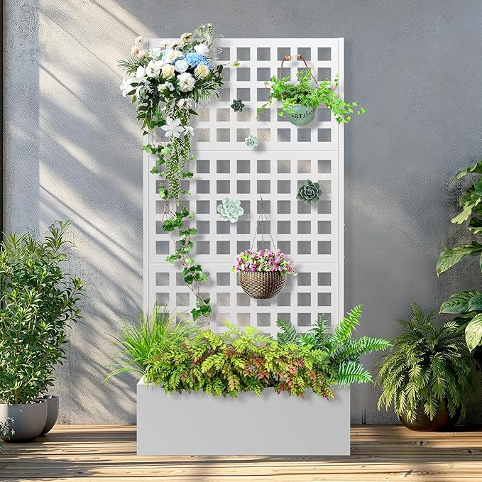 Metal Raised Garden Bed with Trellis, 2 in 1 Trellis with Planter Box & Privacy Screen for Climbing Plants, Vine, Outdoor Standing Flower Beds with Drainage Holes, 35.4" L x 16.7" W x 70.8" H, White