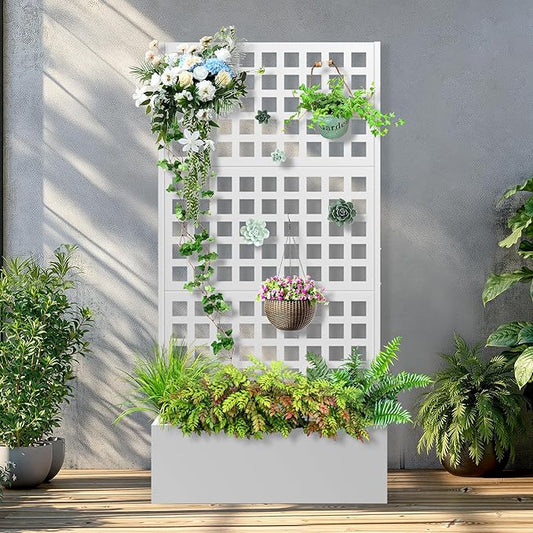 Metal Raised Garden Bed with Trellis, 2 in 1 Trellis with Planter Box & Privacy Screen for Climbing Plants, Vine, Outdoor Standing Flower Beds with Drainage Holes, 35.4" L x 16.7" W x 70.8" H, White